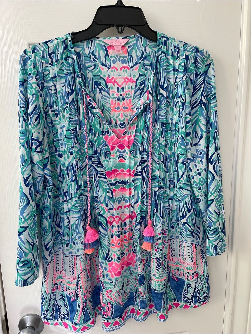 Lilly Pulitzer Aqua, Navy & Pink Printed Tunic with Tassels